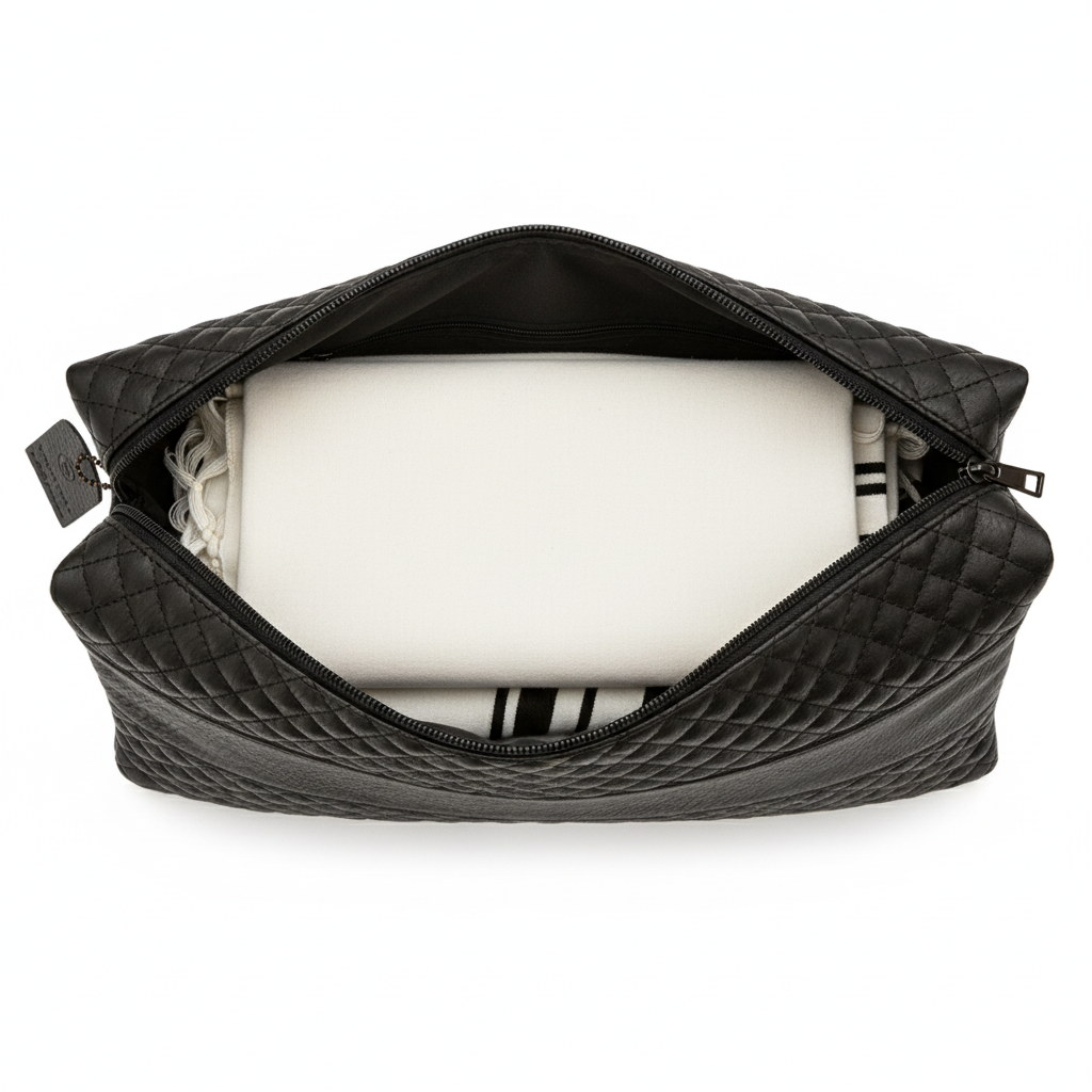 Tallit bag open with tallit inside