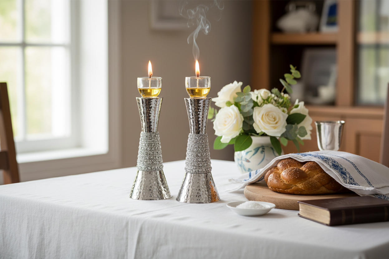 Traditional Shabbat scene with oil lighting
