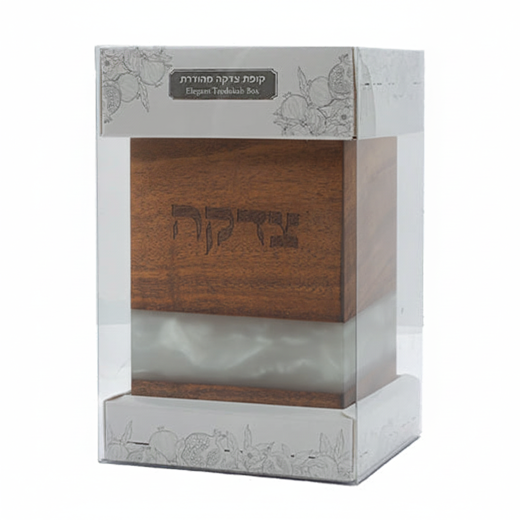 Tzedakah box with white epoxy in gift packaging