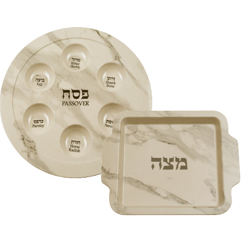 Seder plate Passover (pesach) - Melamine With Matzah Plates White Marble