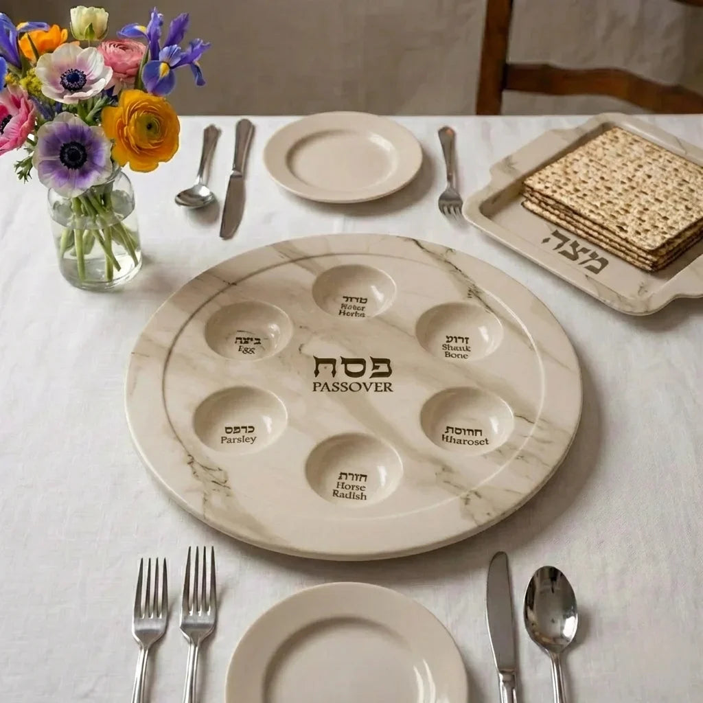 Seder plate Passover (pesach) - Melamine With Matzah Plates White Marble
