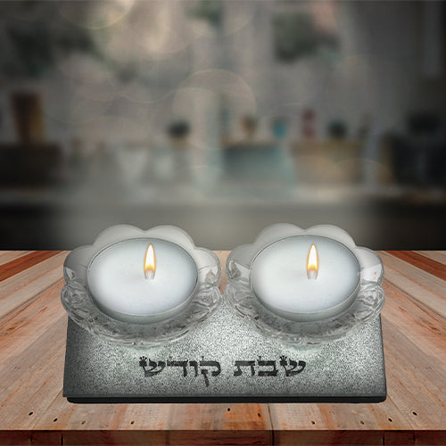 Candlesticks - Glass with Glitter Shabbat Kodesh
