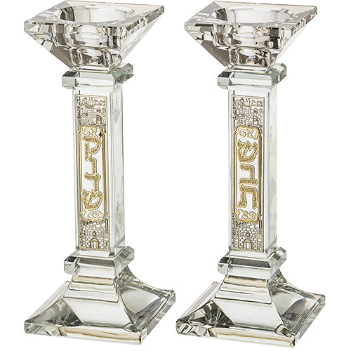 Candlesticks - Crystal 16.5cm with Metal Plaque