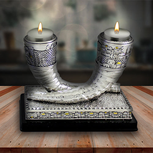 Candlesticks - Elegant Silvered Polymer "Shofar" - "Jerusalem" Design