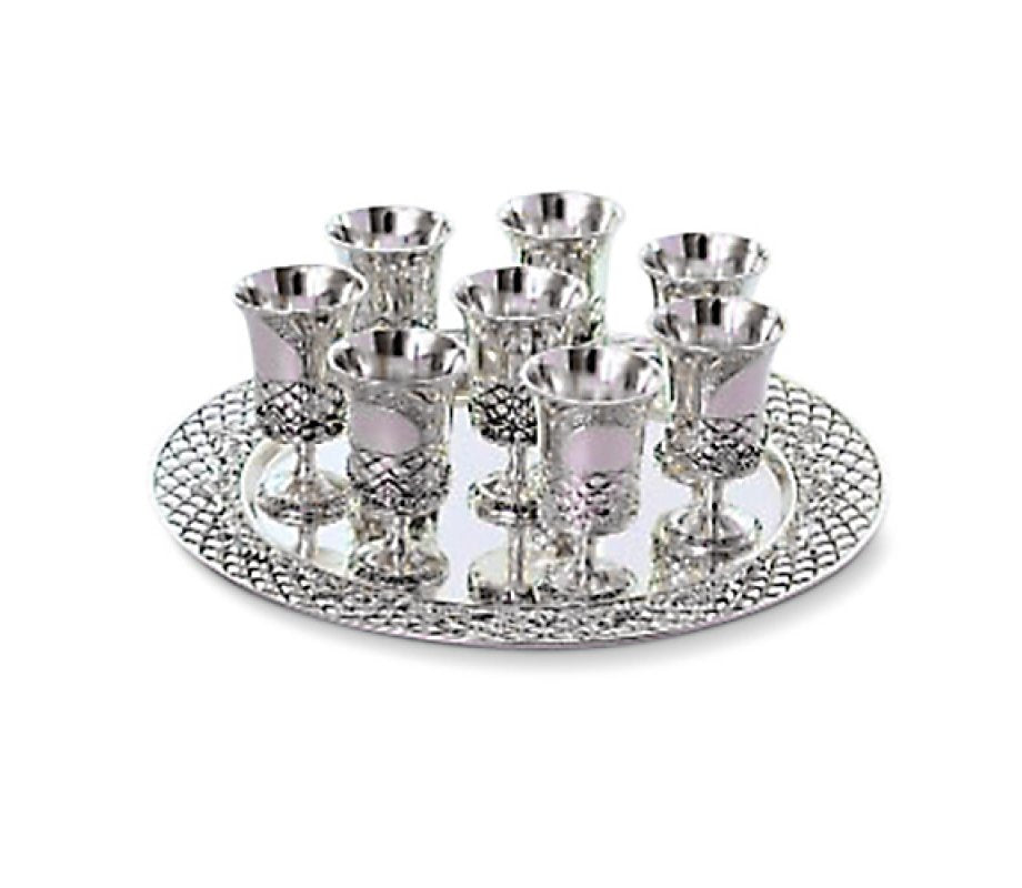 Kiddush cup set with Tray - Six Decorative Small Kiddush Cups with Matching Circular Tray - Silver Plate