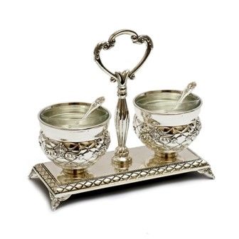 Salt Holder - Silver-Plated Double Salt Cellar Set with Spoons and Stand