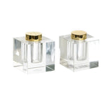 Salt Holder - Crystal Cube Salt & Pepper Shakers with Gold Lids
