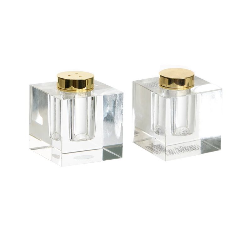Salt Holder - Crystal Cube Salt & Pepper Shakers with Gold Lids