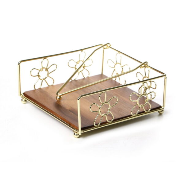 Serviette Holder - Flowers Gold Plated Acacia Wood Base