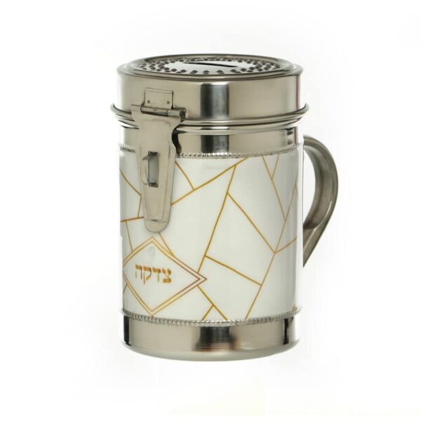 Tzedakah Box - White Gold Abstract