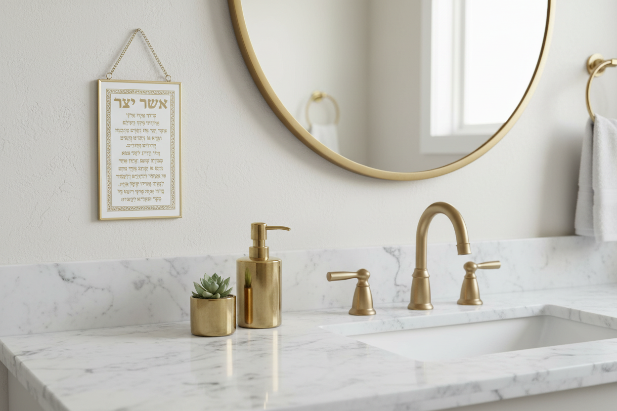Asher Yazar plaque in modern bathroom setting