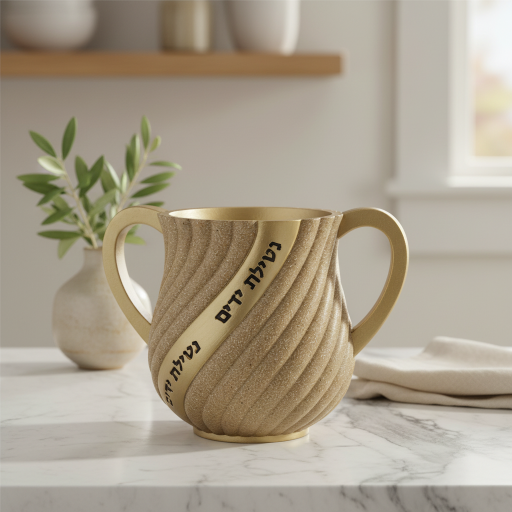 Beige Washing Cup with Hebrew Text - Lifestyle Setting