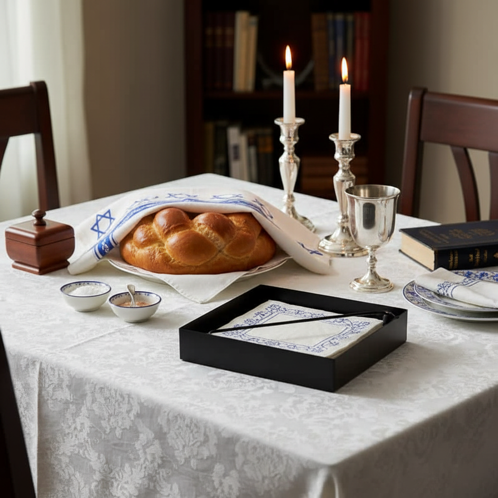 Black metal map on Shabbat table