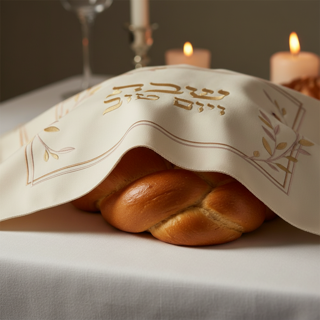 Challah cover draped over bread