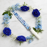 Challah knife with blue flowers on marble