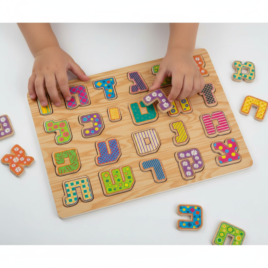 Child playing with Aleph-Bet Puzzle