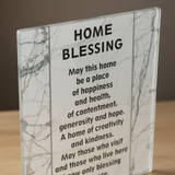 Close-up of English blessing text and design