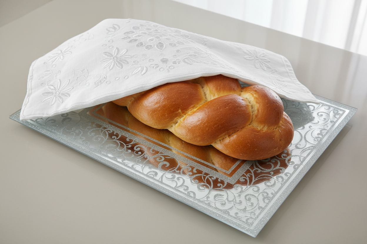 Close-up of glass challah tray with braided challahs