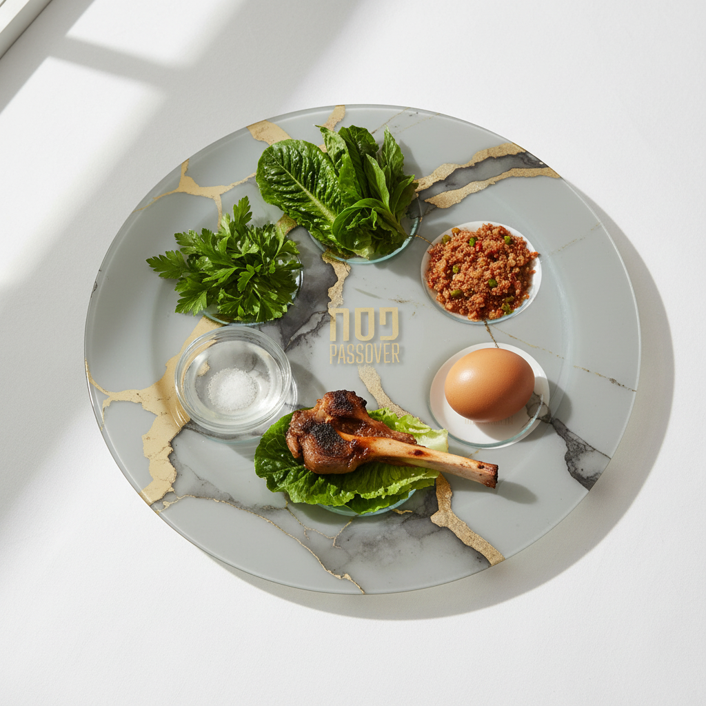 Close-up of Glass Passover Plate with traditional Seder items