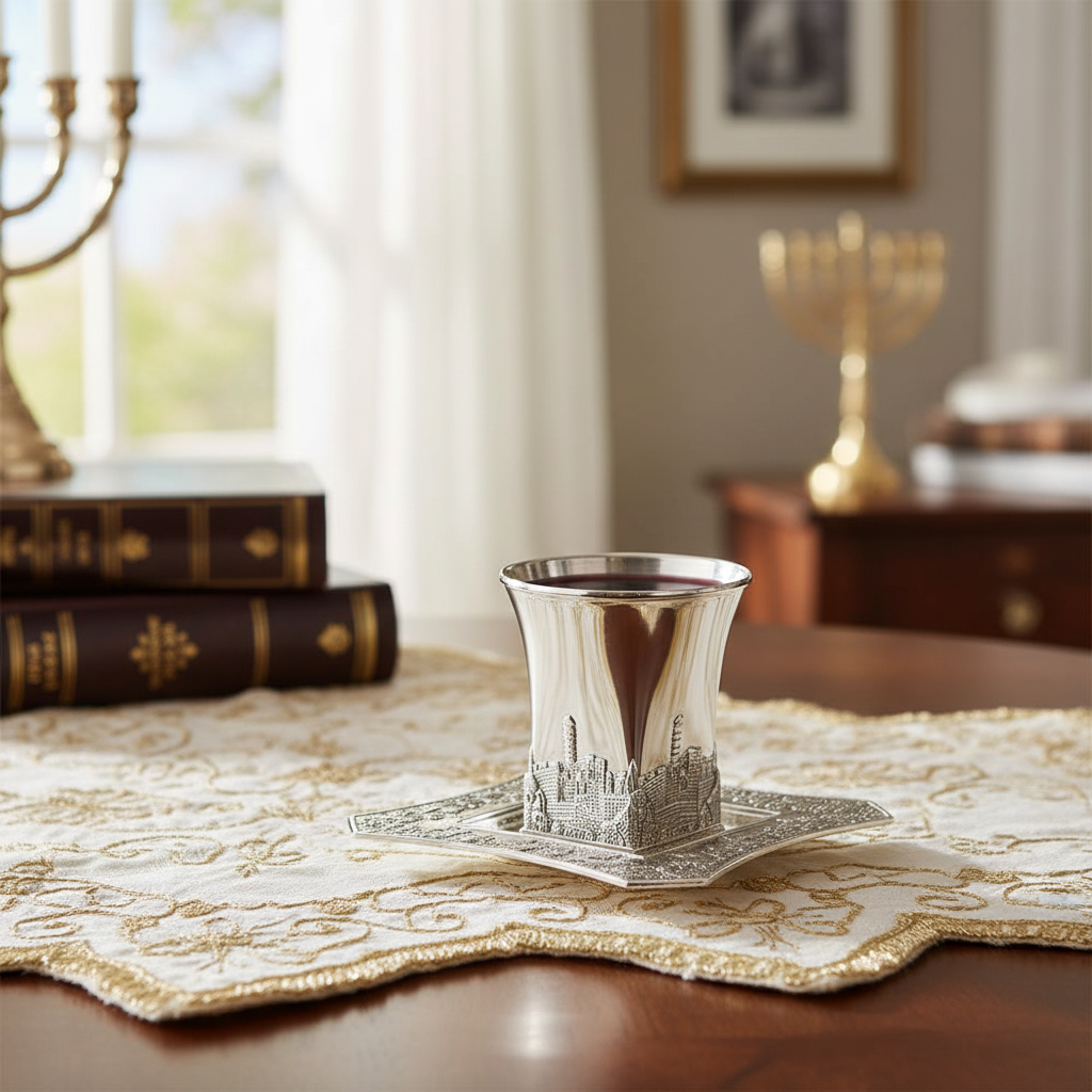 Close-up of Jerusalem Kiddush cup with wine