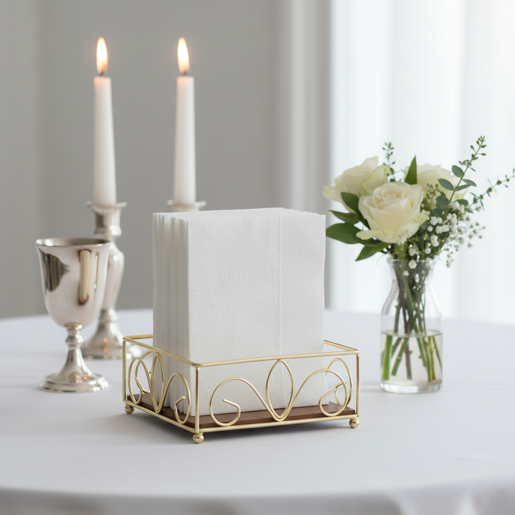 Close-up of napkin holder with Shabbat candles