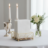 Close-up of napkin holder with Shabbat candles