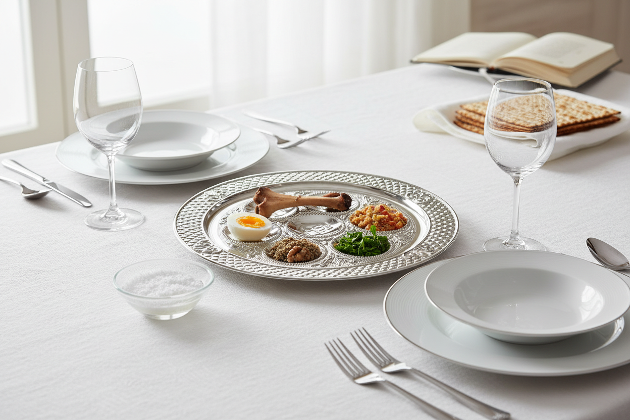 Close-up of Seder plate on elegant dining table