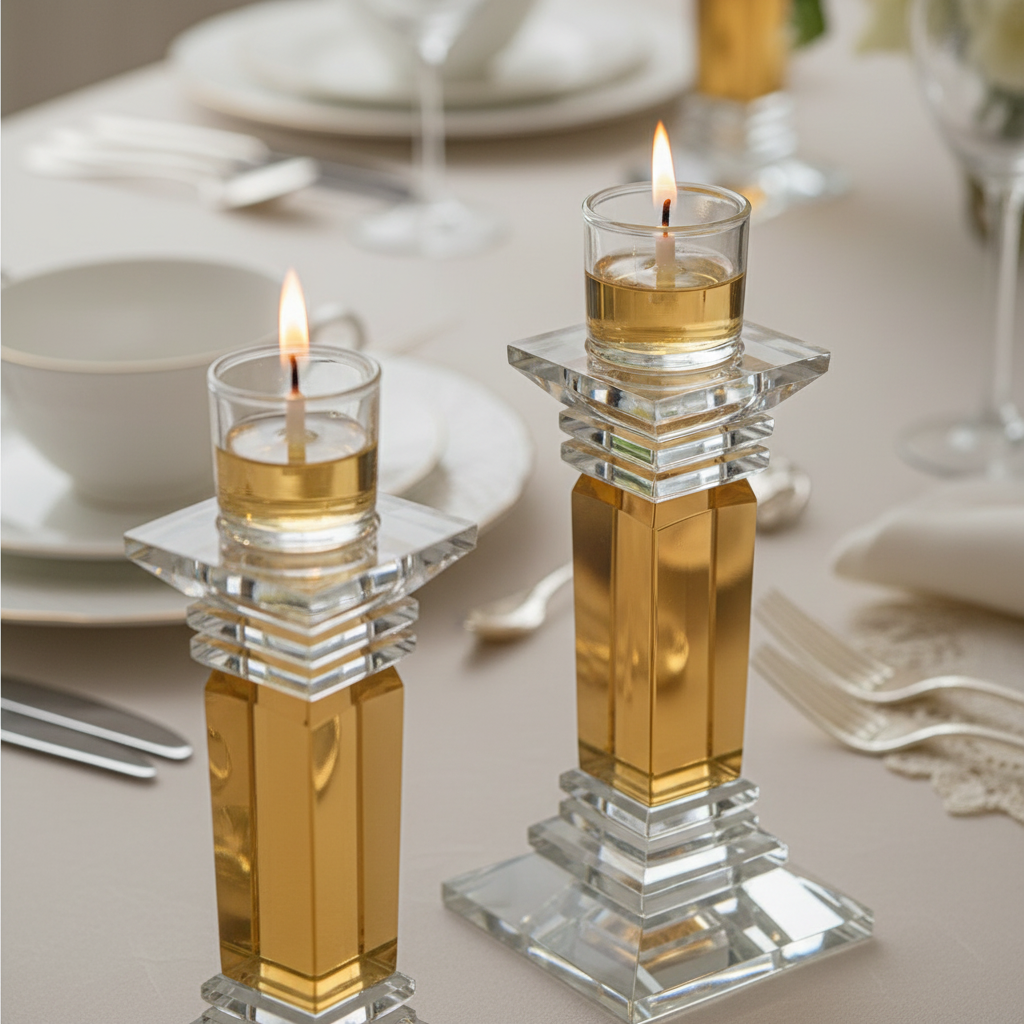 Close-up showing glass oil cups on candlesticks