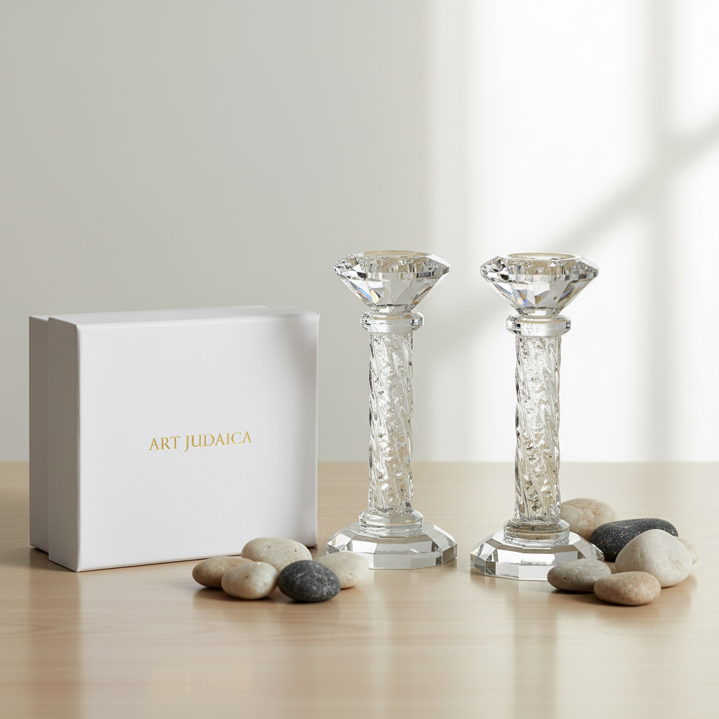 Crystal Candlesticks with Art Judaica Box - Gift Presentation