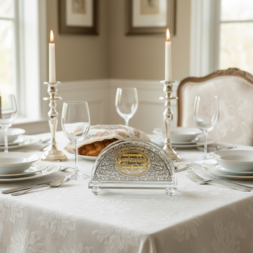 Crystal napkin holder on Shabbat table
