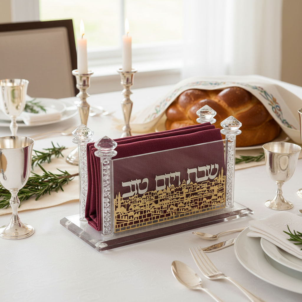 Crystal Napkin Holder with Colored Napkins on Shabbat Table