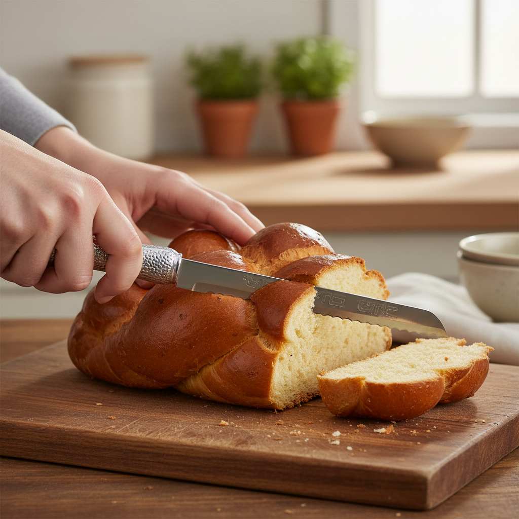 Elegant knife cutting challah bread