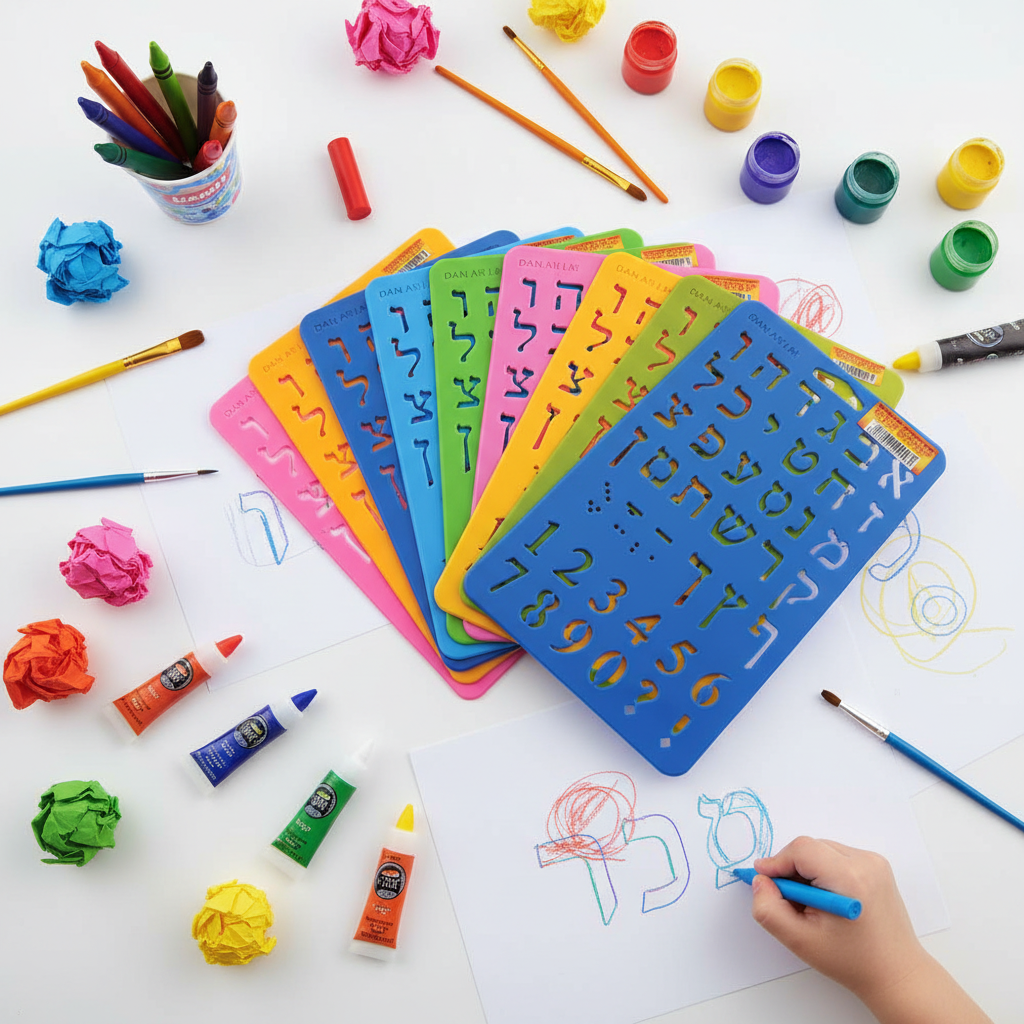 Flat lay of Hebrew stencils with art supplies