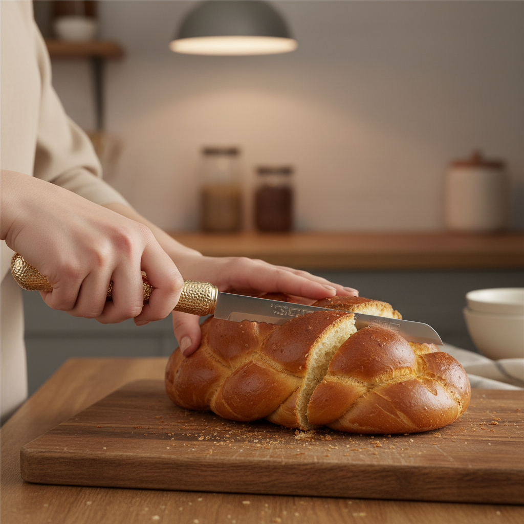 Gold knife cutting challah bread