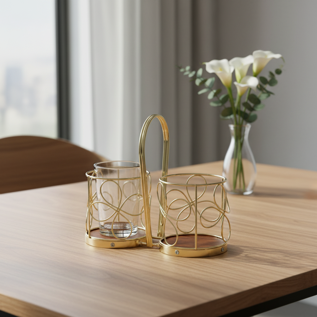 Gold plated cup holder on modern dining table