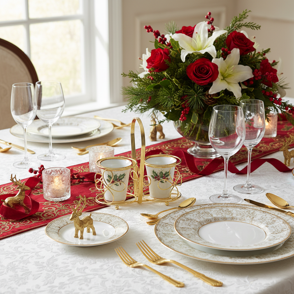 Holiday table with gold cup holder