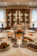 Holiday table with oil candlesticks