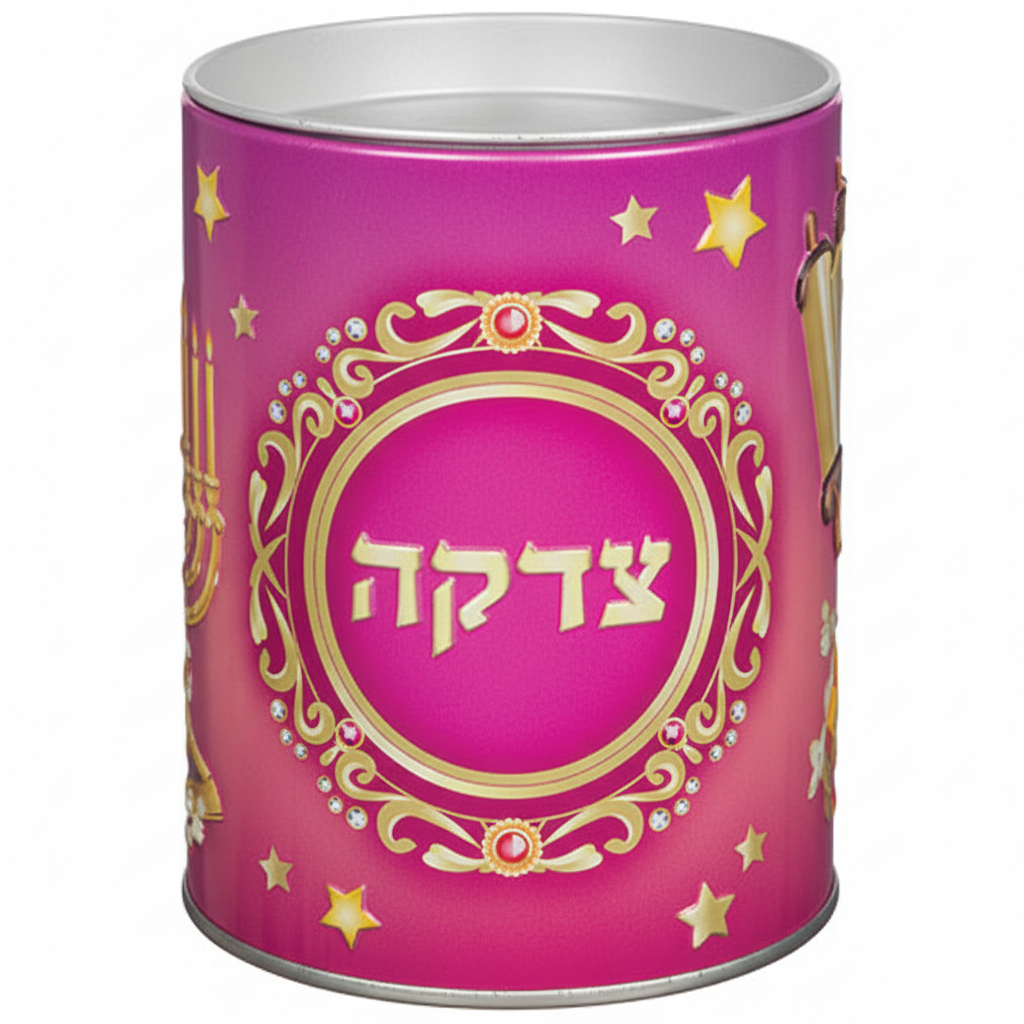 Side view of pink Tzedakah box with ornate gold frame and star design