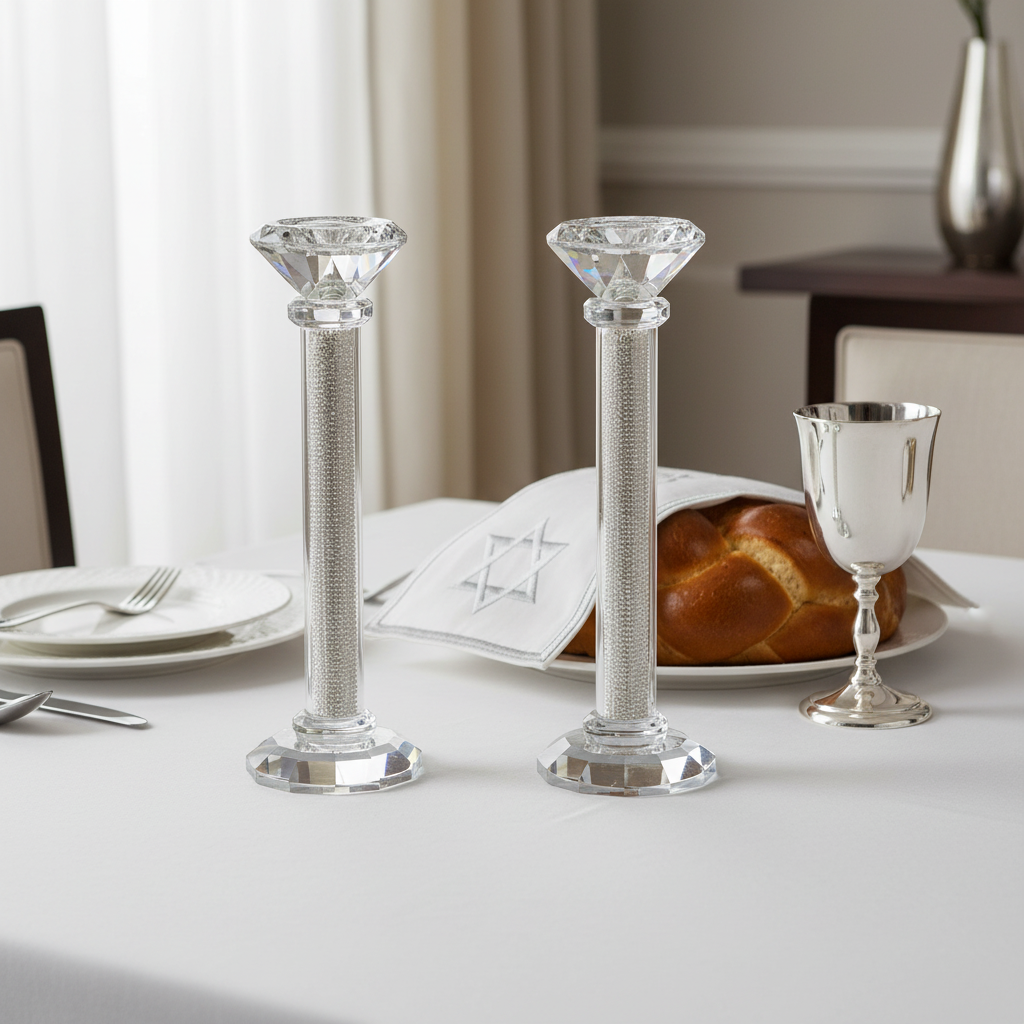 Crystal Candlesticks on Shabbat Table Setting