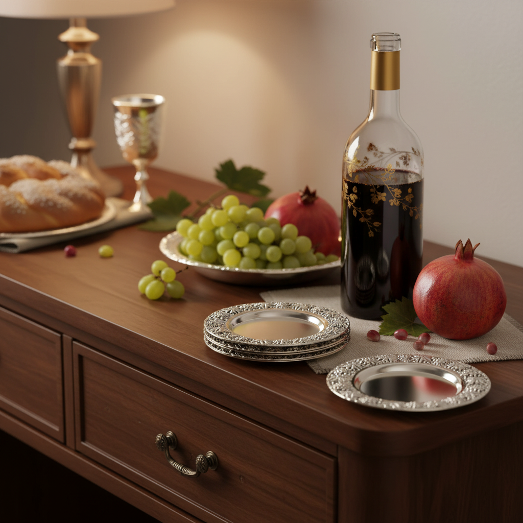 Kiddush Coasters Display with Judaica Items
