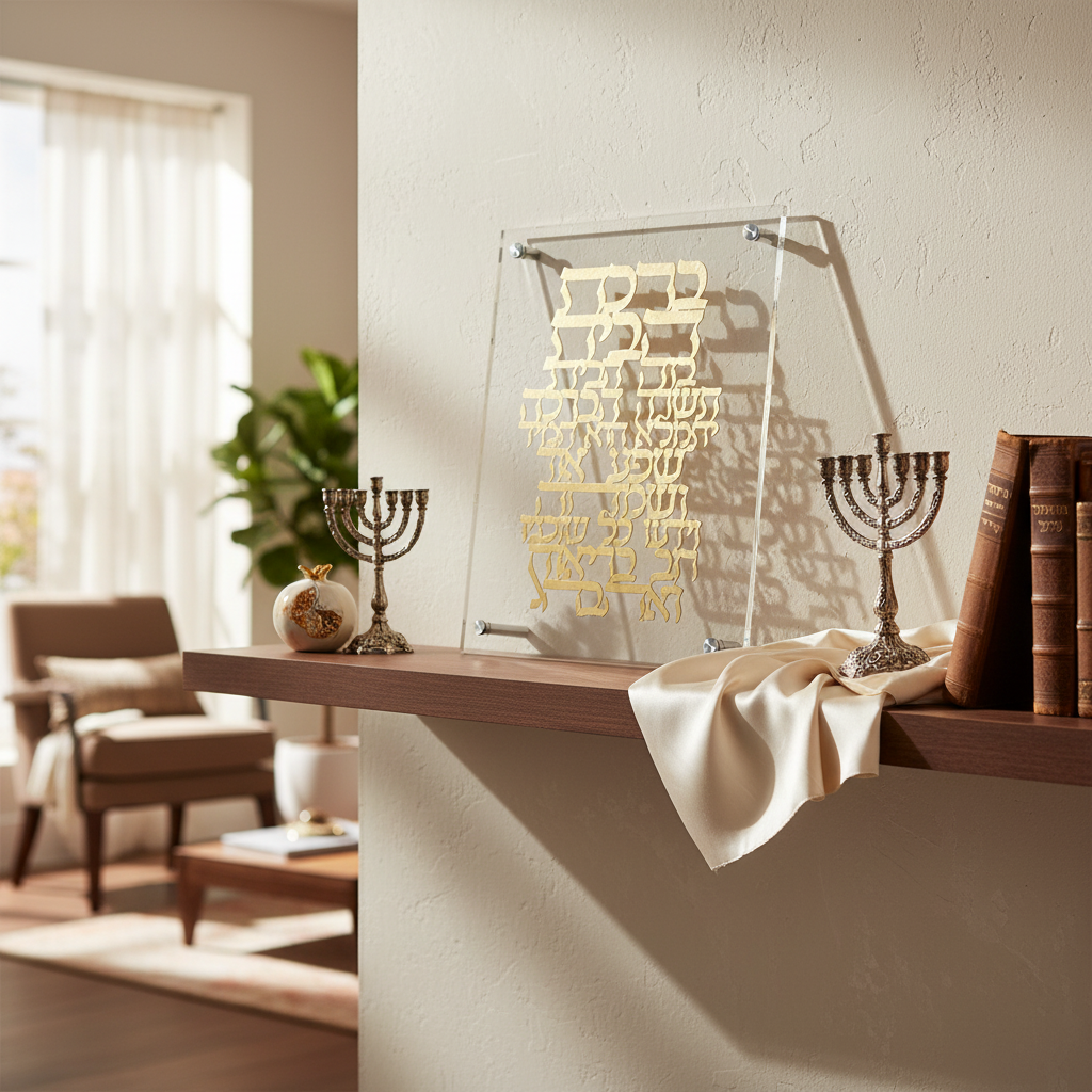 Lucite Frame with Hebrew Plate in elegant home setting