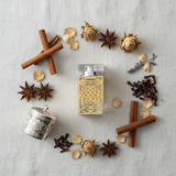 Overhead flat lay with perfume stand and spices
