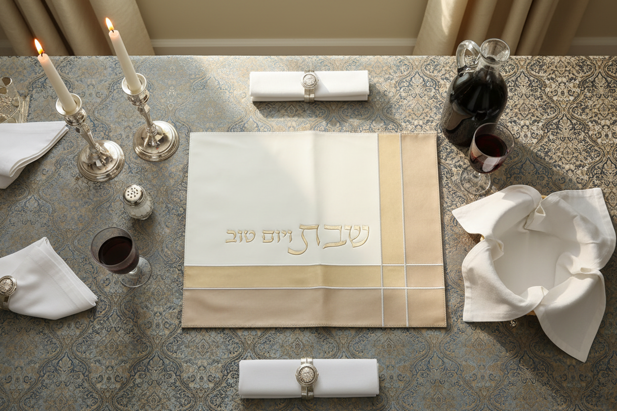Overhead Shabbat table setting with striped border cover