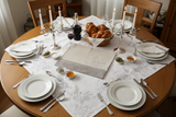 Overhead Shabbat table setting with two-tone cover