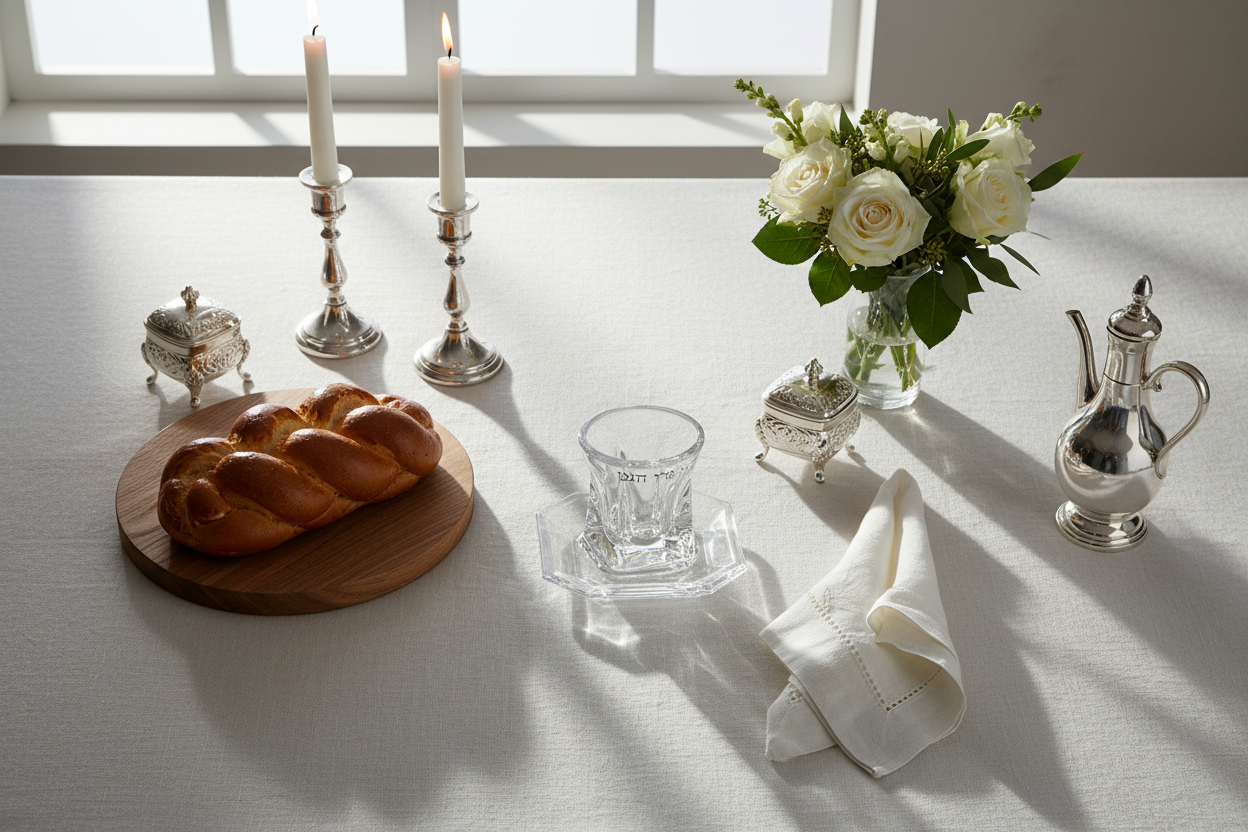 Overhead View of Crystal Kiddush Cup on Shabbat Table