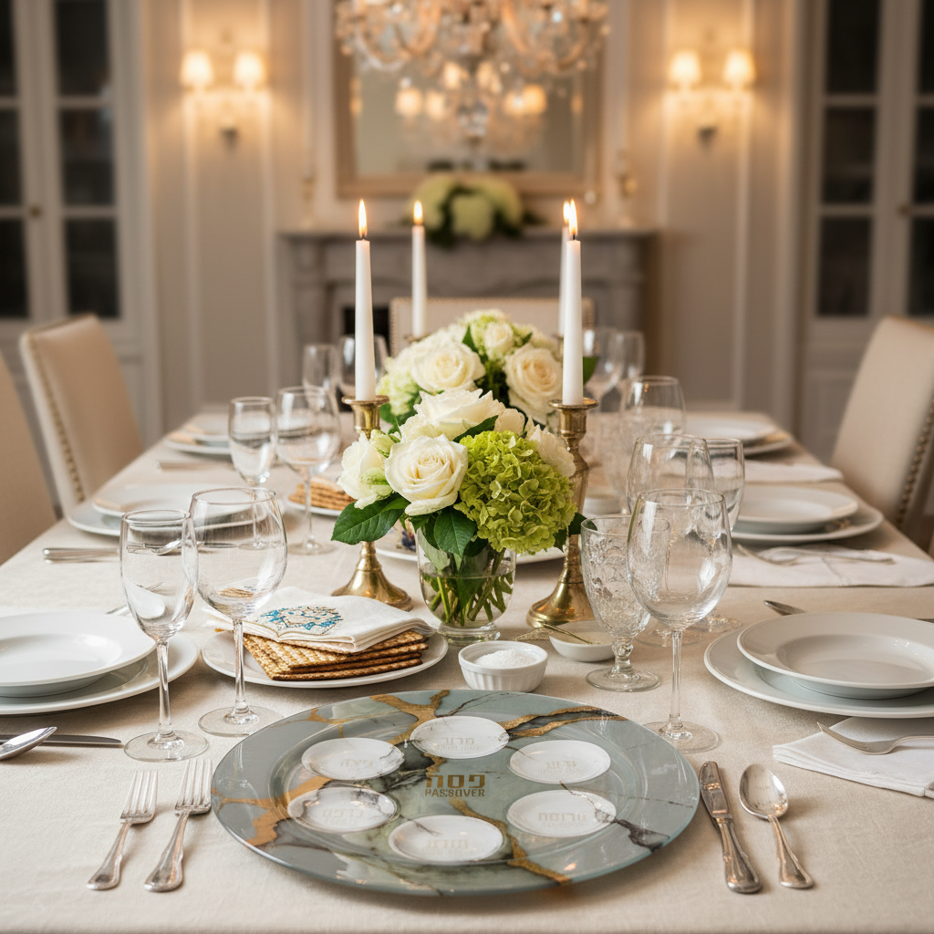 Seder table setting with Glass Passover Plate