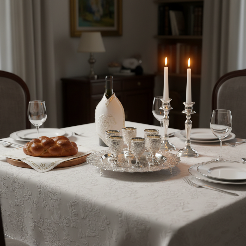 Shabbat table setting with liquor set