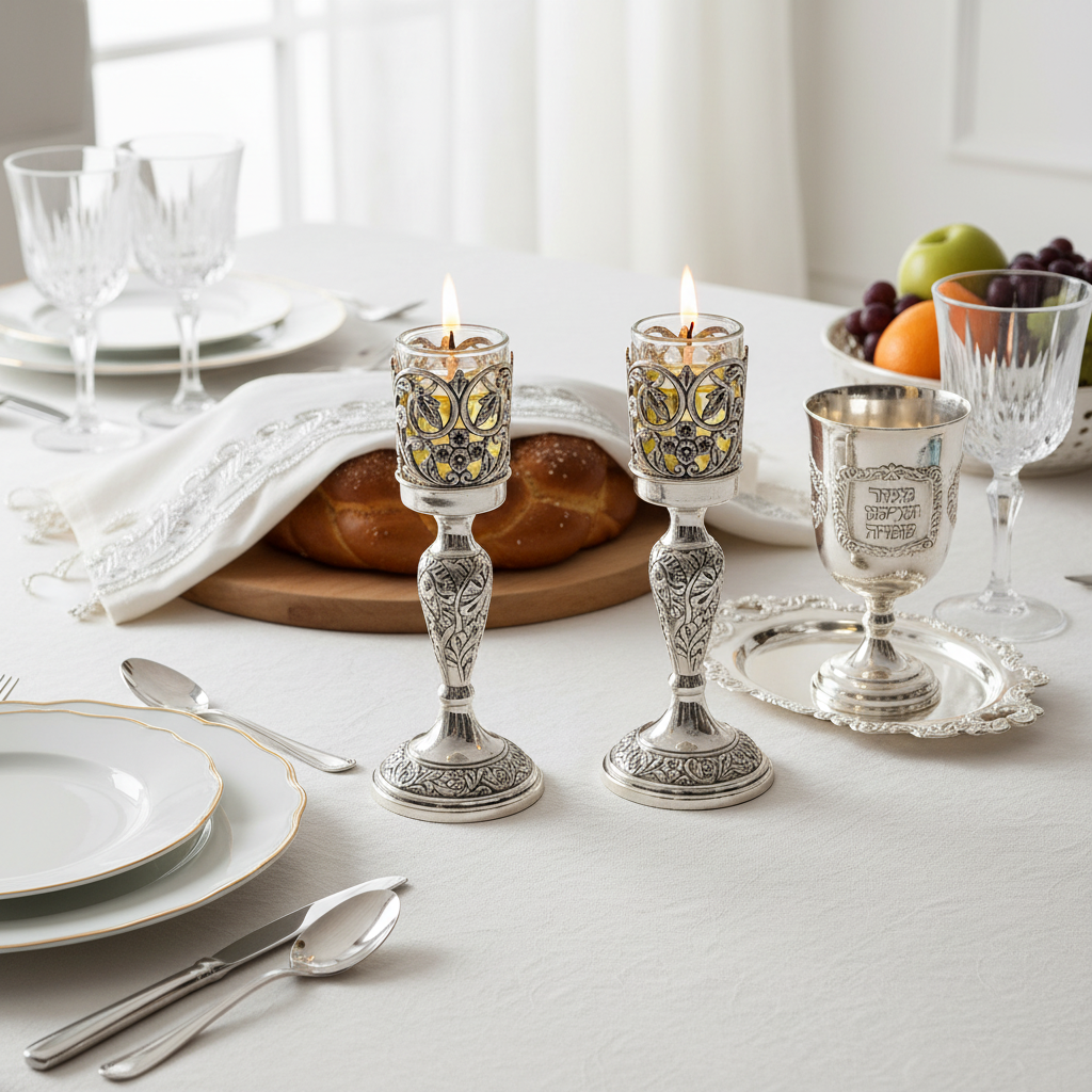 Shabbat table setting with oil candlesticks
