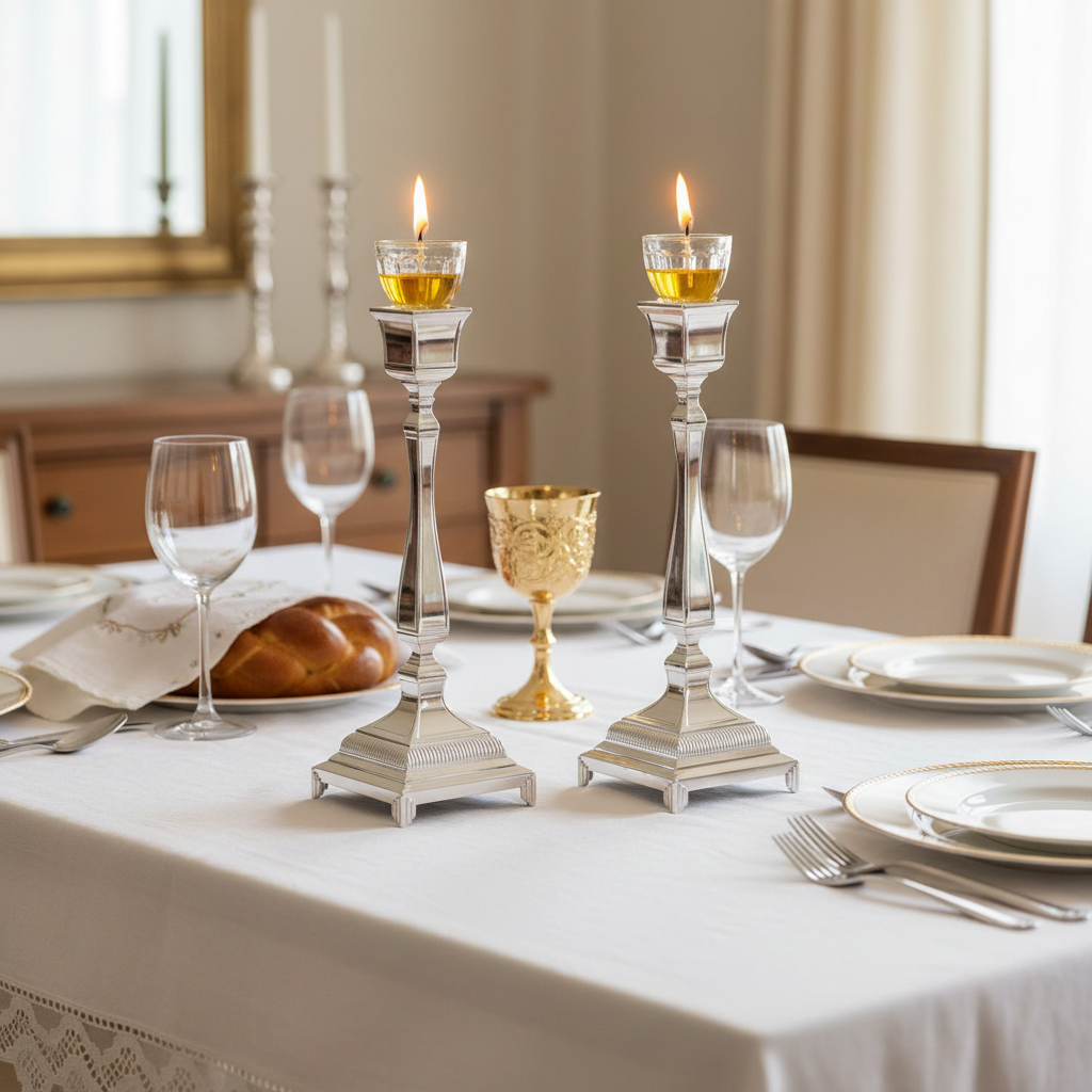 Shabbat table setting with striped silver candlesticks