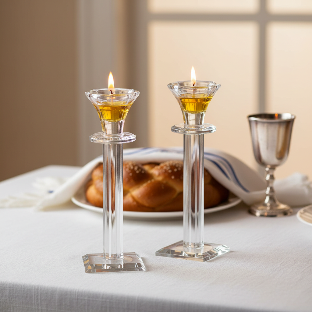 Shabbat table with crystal candlesticks and oil